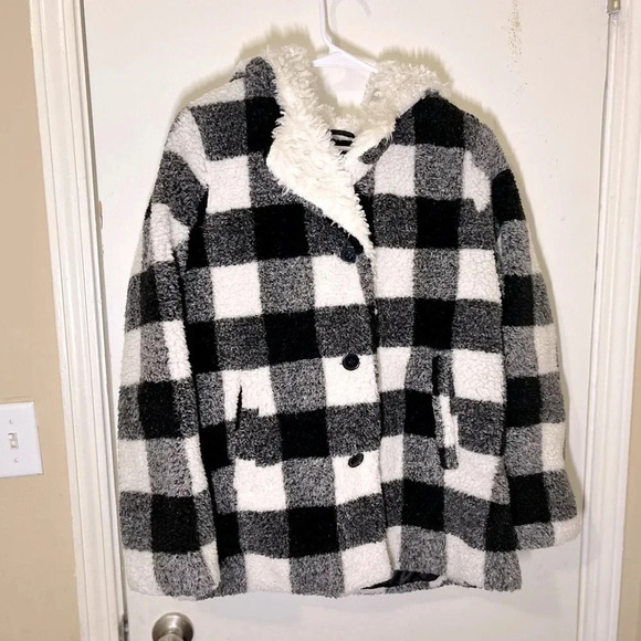 Steve Madden Black and White Plaid Sherpa Hooded Jacket US Large, worn once - Picture 6 of 15
